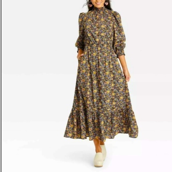 NWT Universal Threads ruffle hi neck balloon Long sleeve floral maxi, size M - Picture 1 of 13